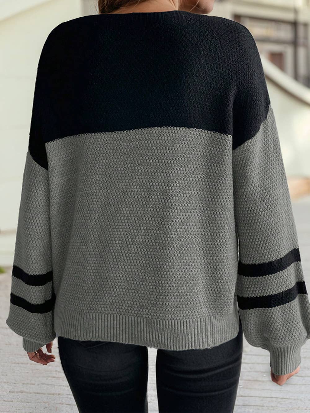 Color Block Knit Striped Sleeve Sweater