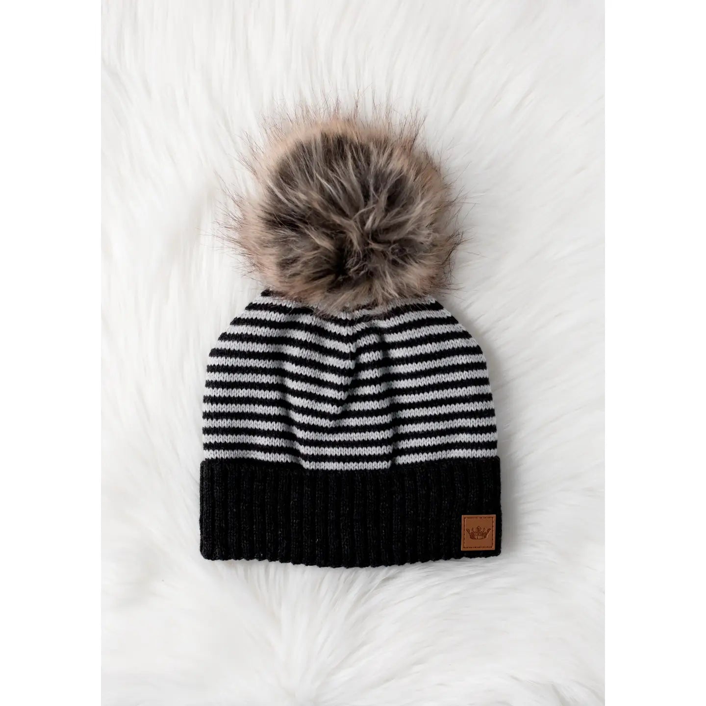 Dark Gray & White Striped Pom Hat