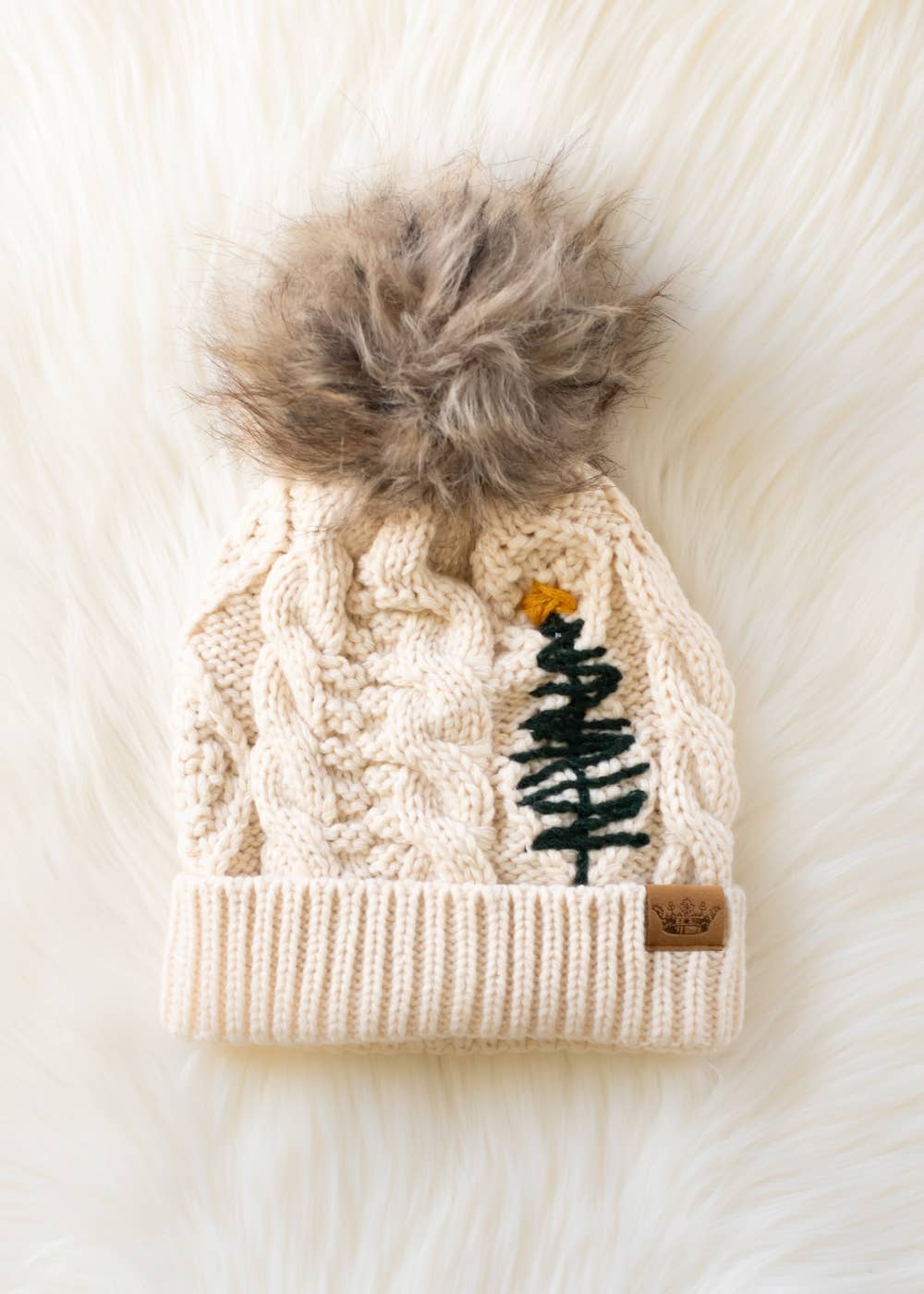 Beige Cable Knit Pom Hat w/ Embroidered Tree