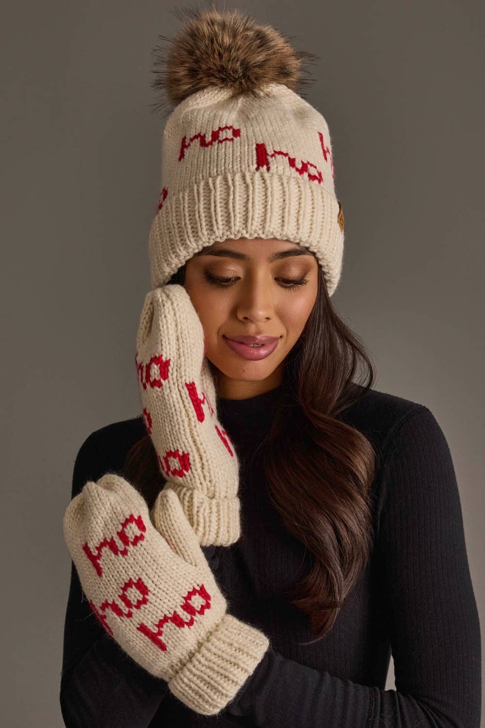 Beige & Red Ho Ho Ho Pom Hat