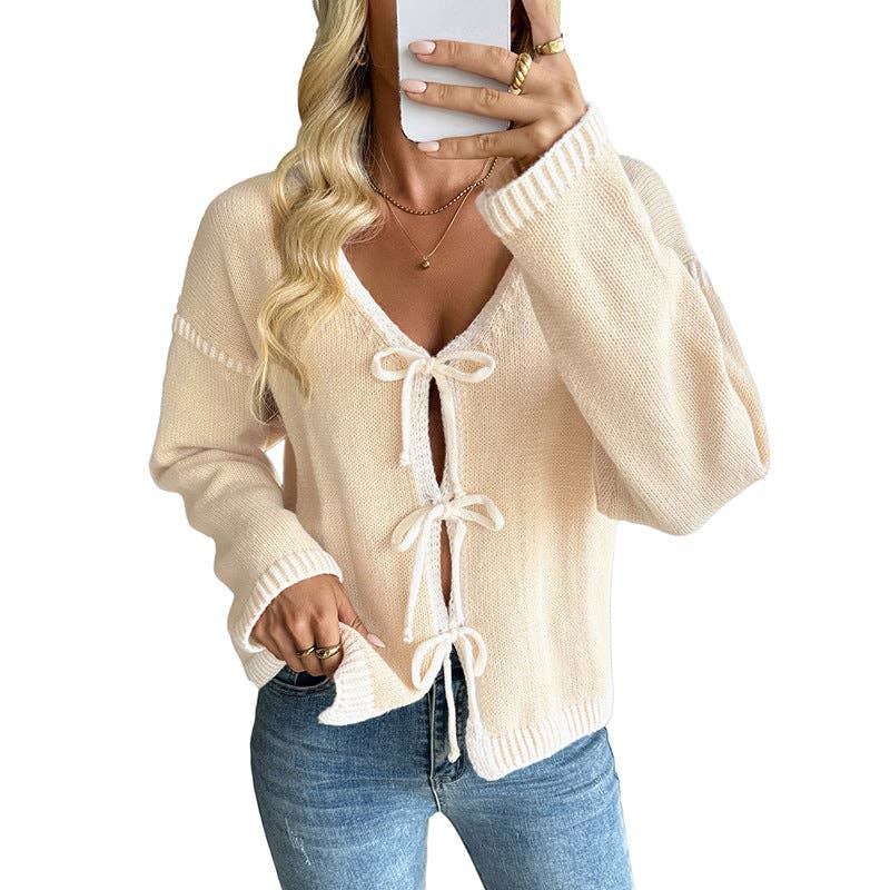 Contrast Trim Tie Front Knit Cardigan Sweater