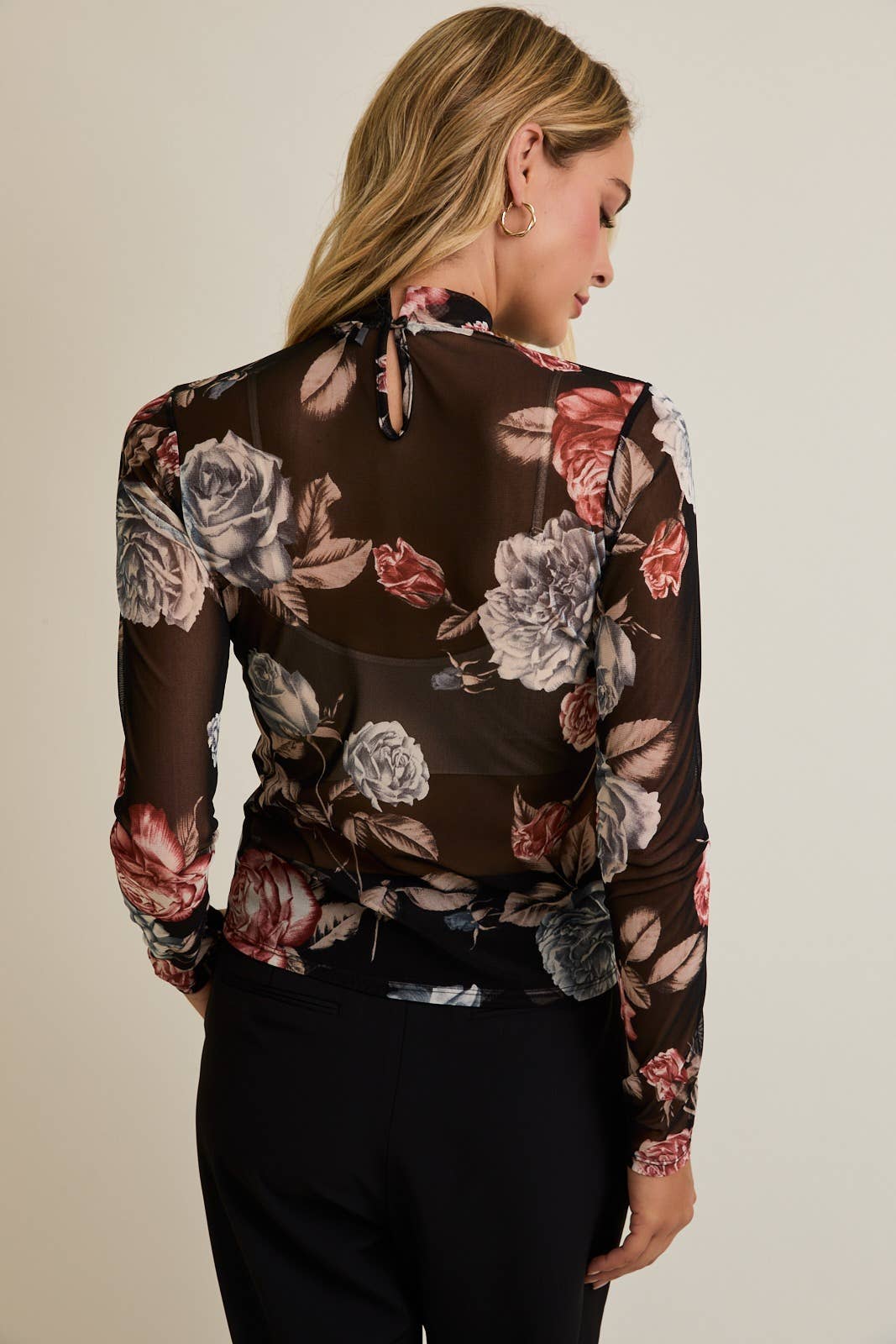 Floral Sheer Mesh Mock Neck Top