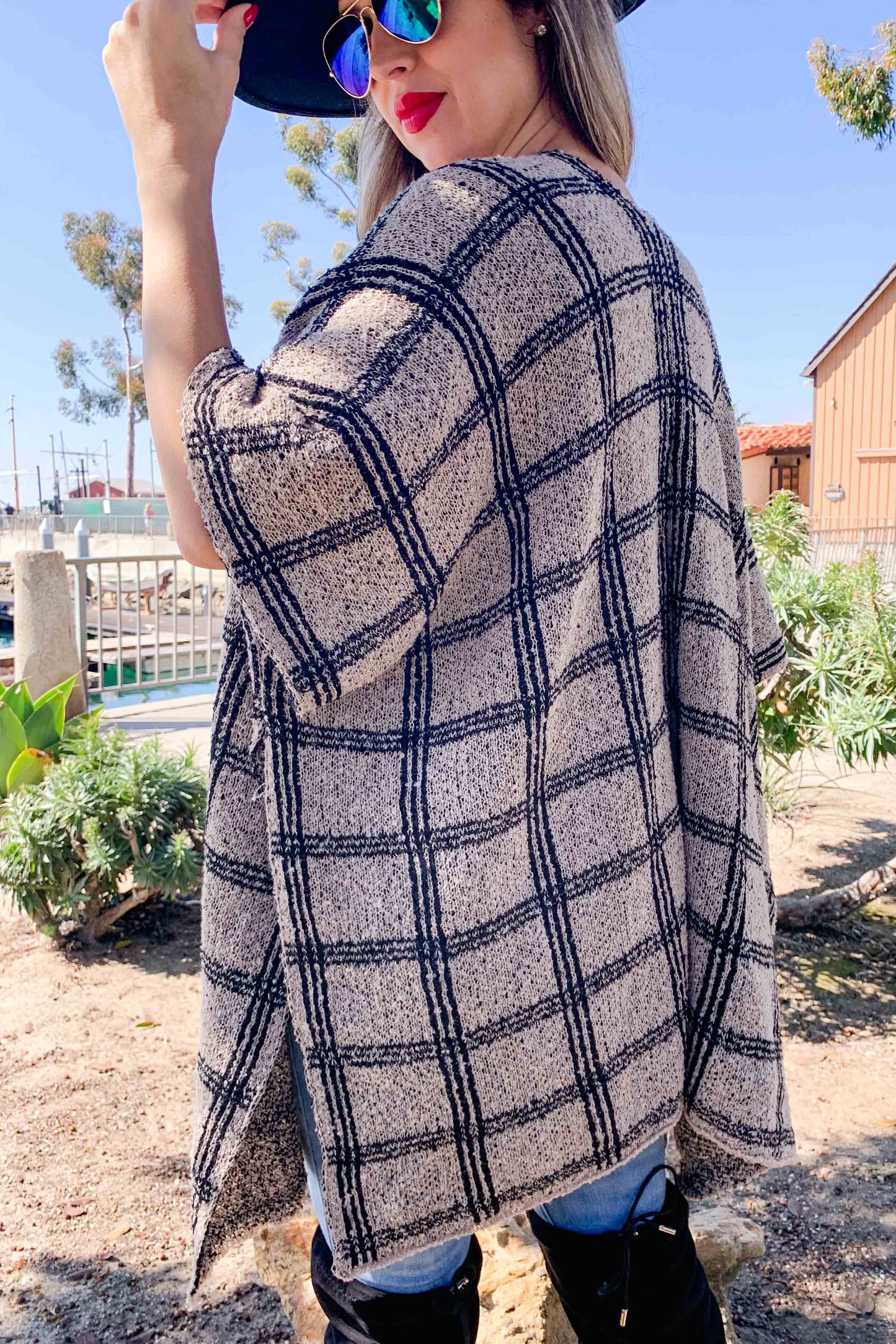 Plaid Printed Knitted Kimono Cardigan