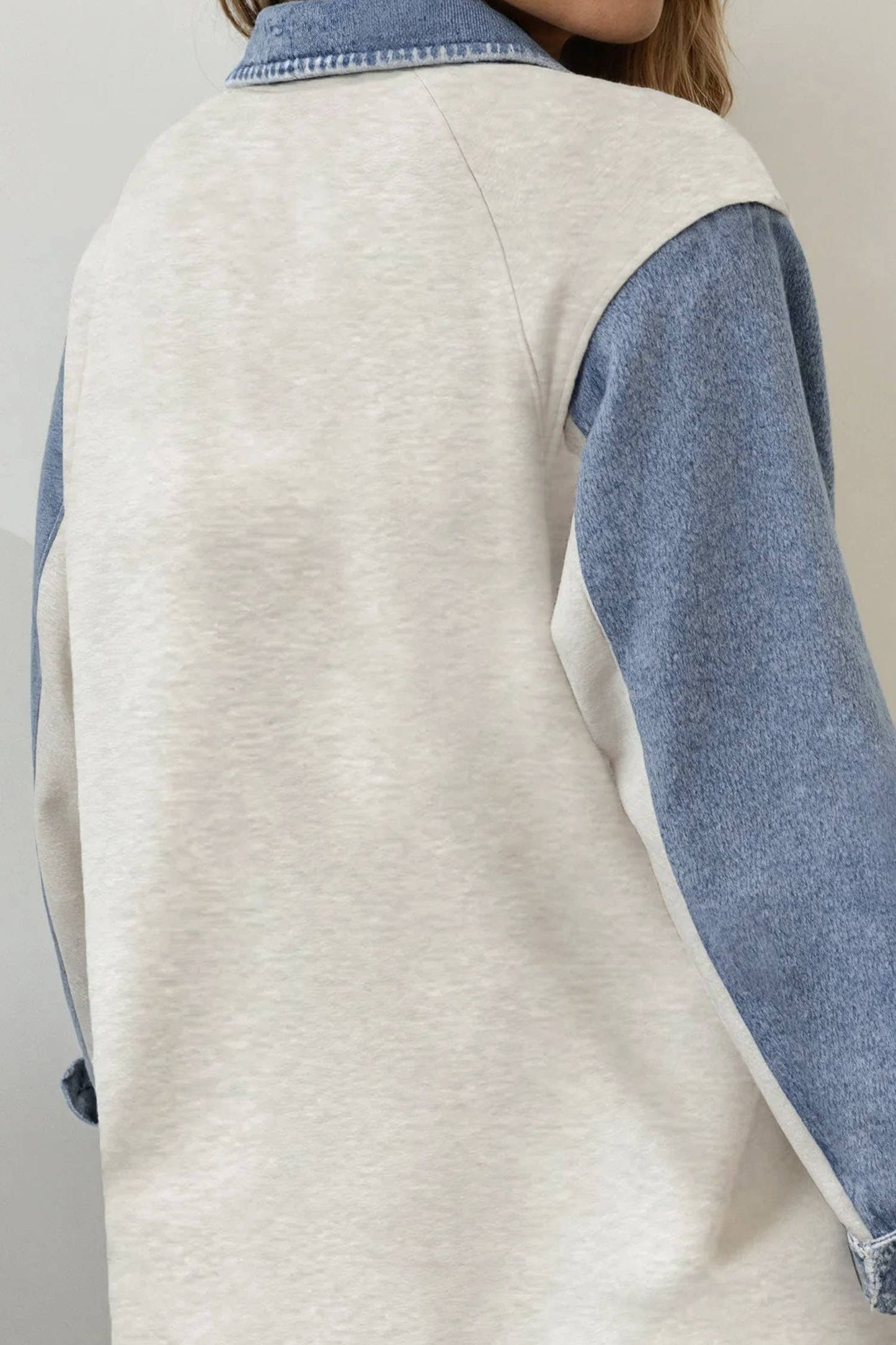 Western Denim Patchwork Shirt Collar Half Button Top
