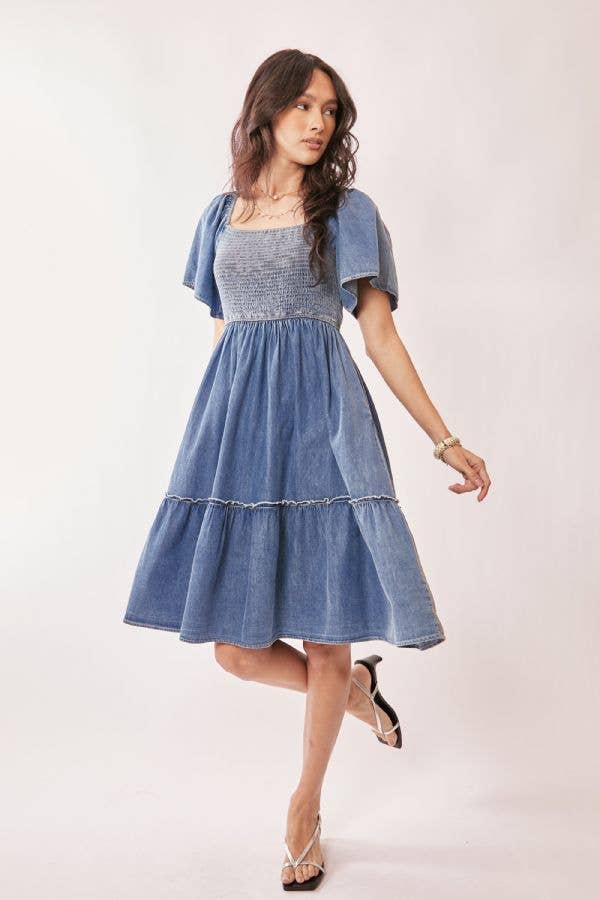 DENIM SHORT SLEEVE ELASTIC RUCHED CHEST DRESS