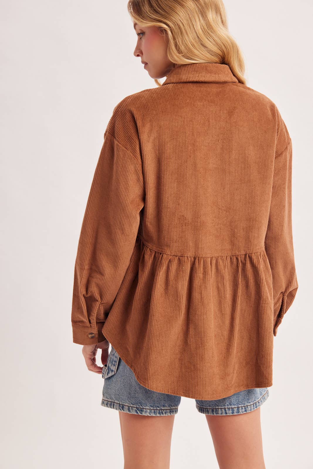BUTTON DOWN CORDUROY PEPLUM SHACKET