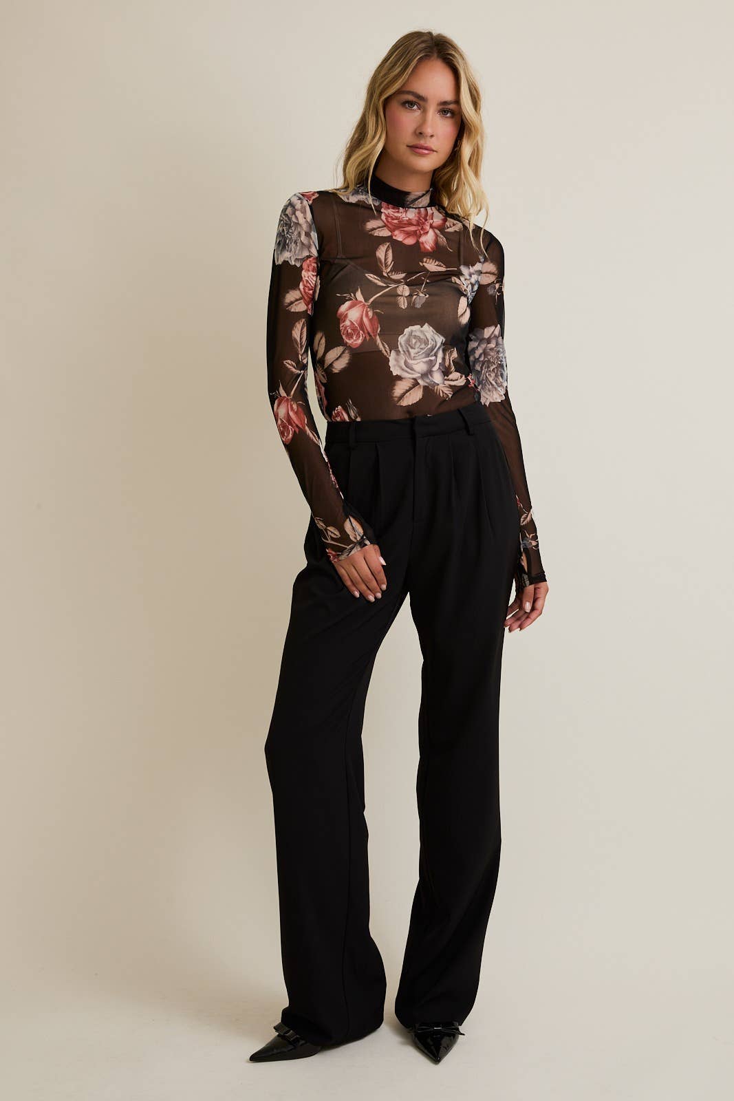 Floral Sheer Mesh Mock Neck Top