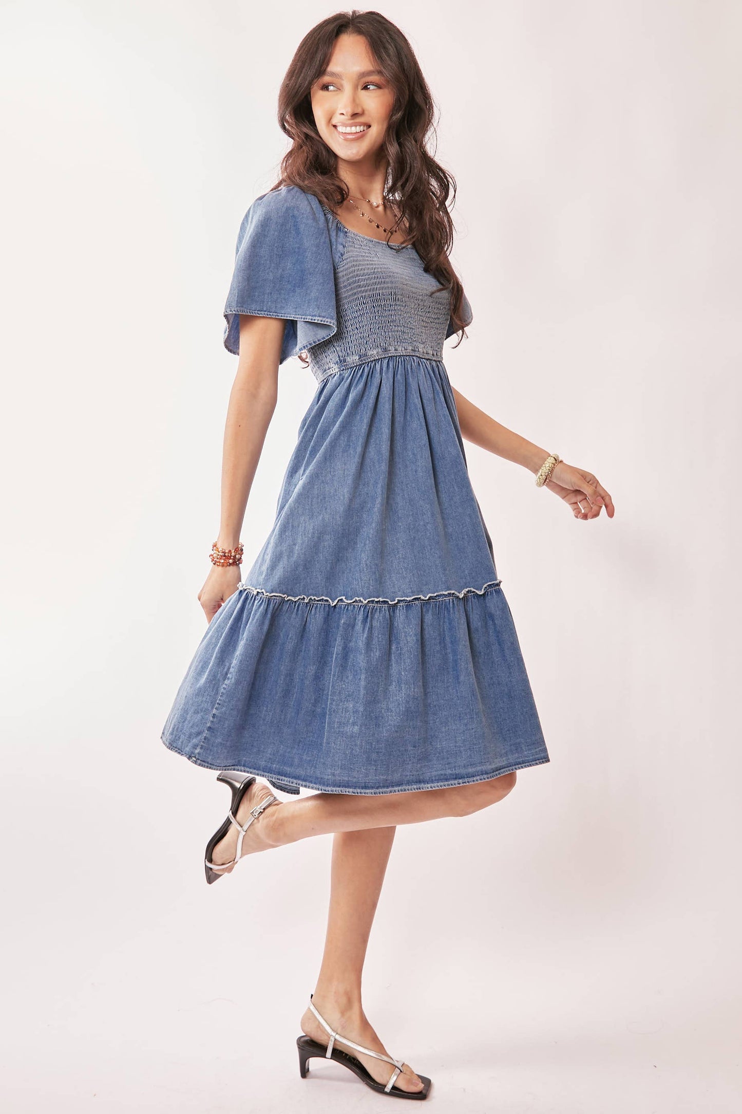 DENIM SHORT SLEEVE ELASTIC RUCHED CHEST DRESS