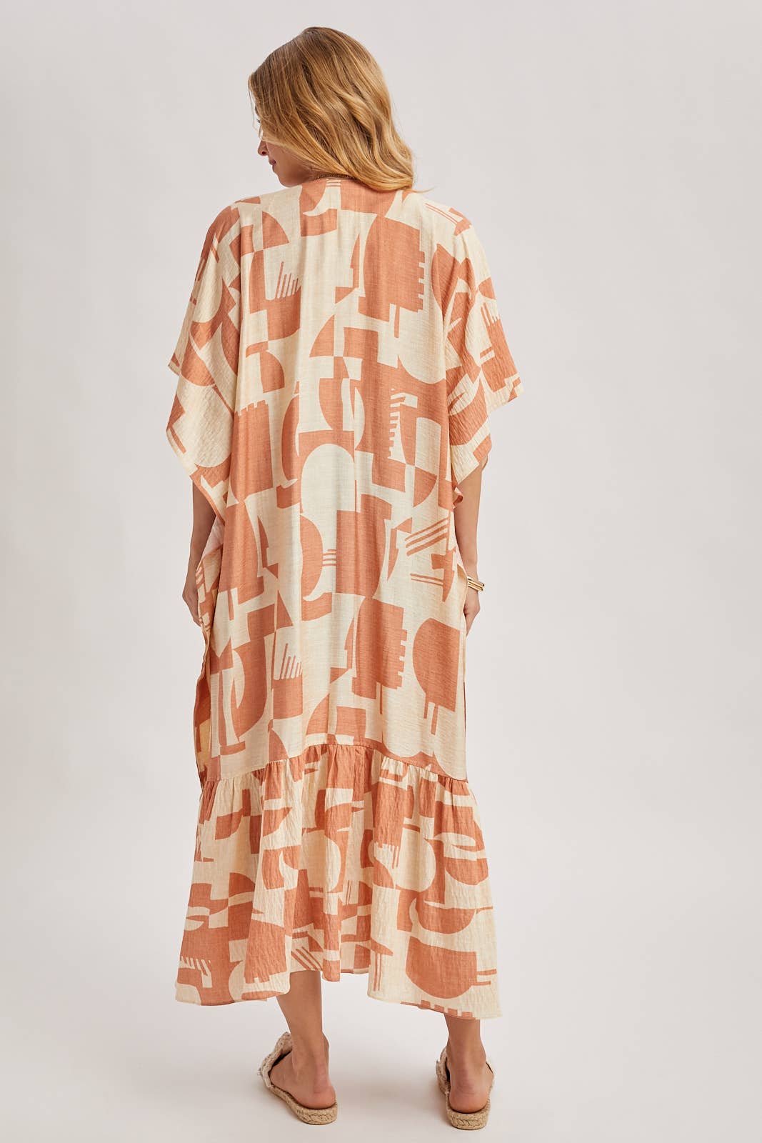 BOHO RUFFLE TIERED OPEN FRONT GEO PRINT MAXI KIMONO