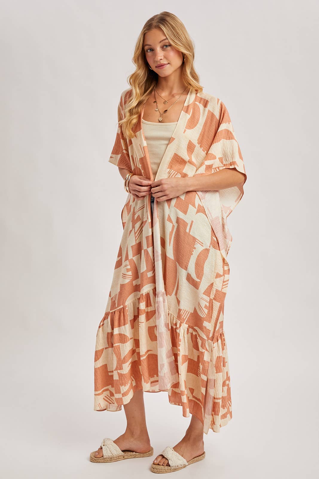 BOHO RUFFLE TIERED OPEN FRONT GEO PRINT MAXI KIMONO