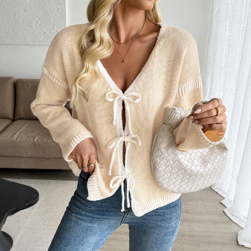 Contrast Trim Tie Front Knit Cardigan Sweater