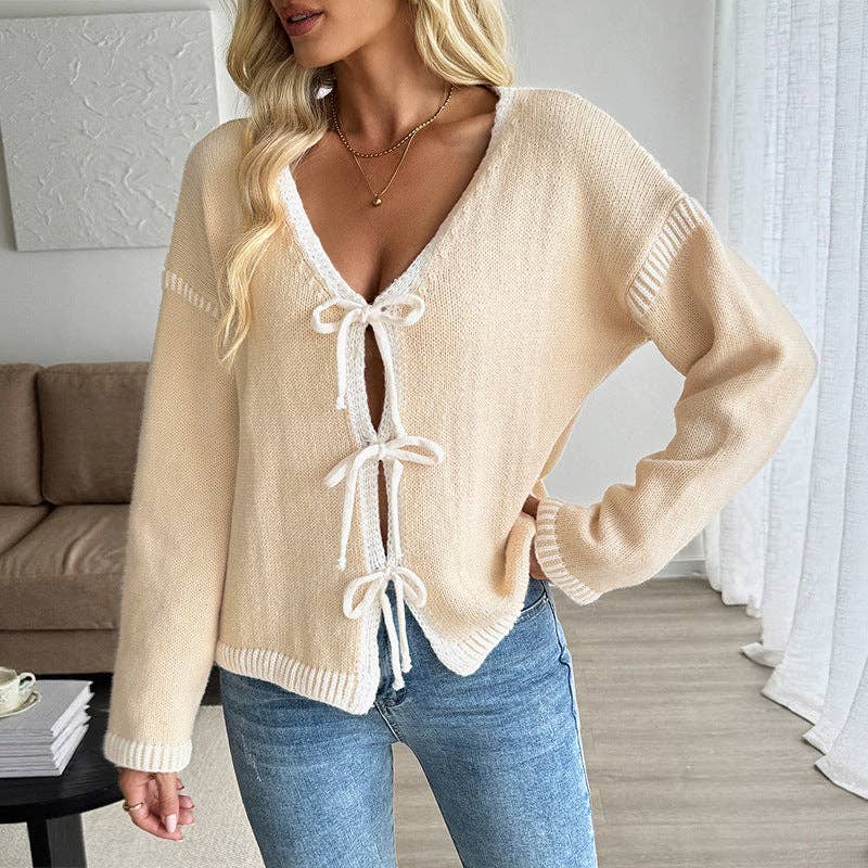 Contrast Trim Tie Front Knit Cardigan Sweater