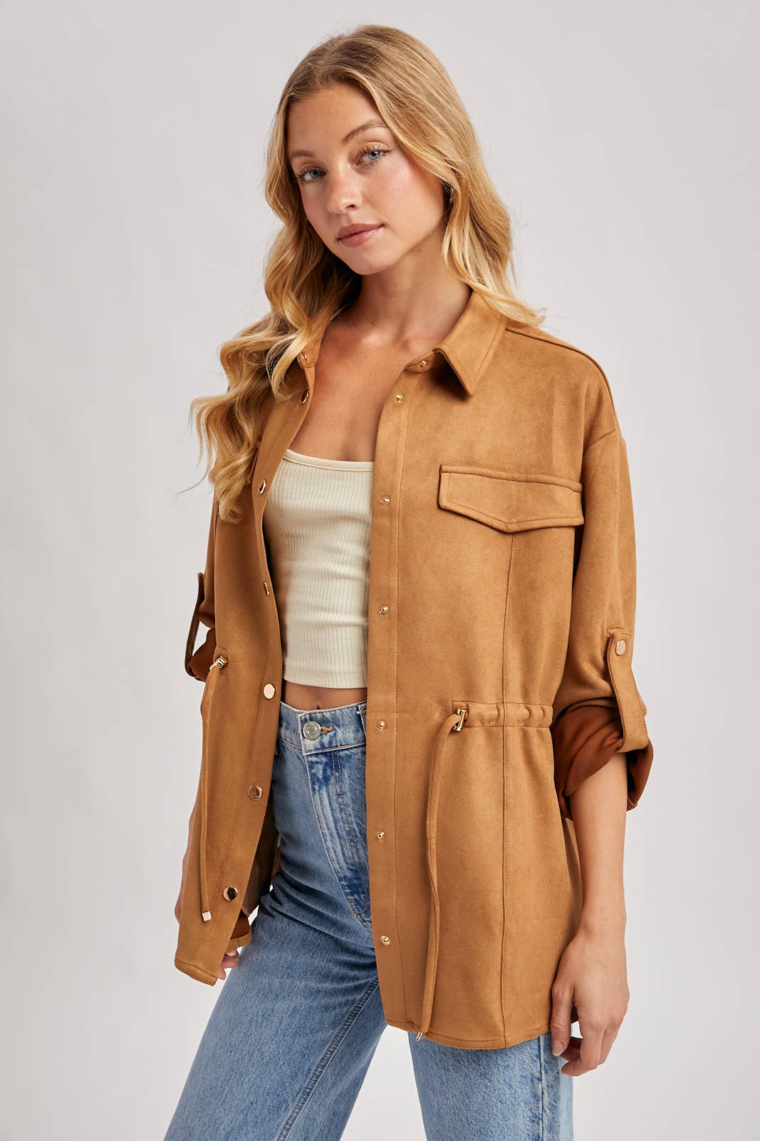FAUX SUEDE BUTTON DOWN ROLL-UP SLEEVE SHACKET