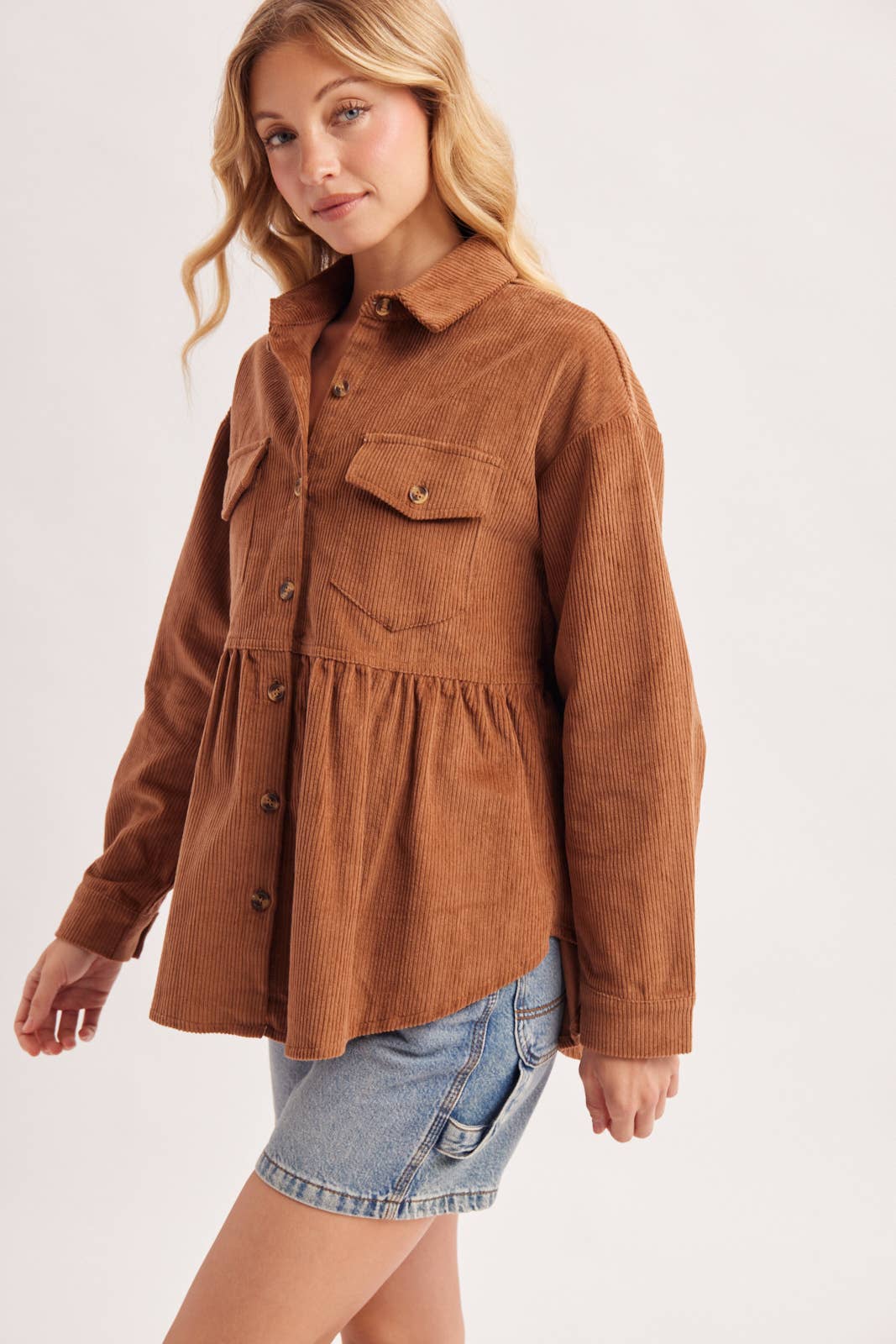 BUTTON DOWN CORDUROY PEPLUM SHACKET