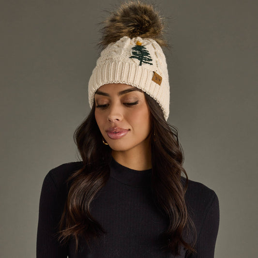 Beige Cable Knit Pom Hat w/ Embroidered Tree
