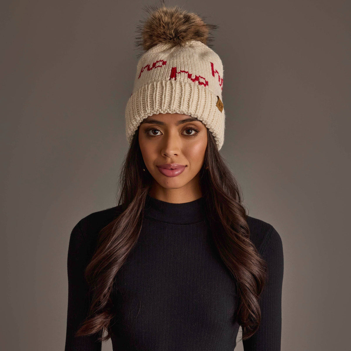 Beige & Red Ho Ho Ho Pom Hat