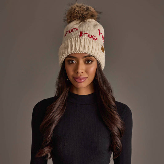 Beige & Red Ho Ho Ho Pom Hat