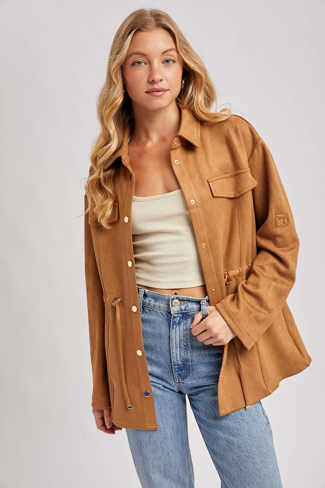 FAUX SUEDE BUTTON DOWN ROLL-UP SLEEVE SHACKET