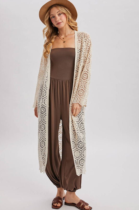 BOHO LONG LINE SIDE SLIT CROCHET CARDIGAN