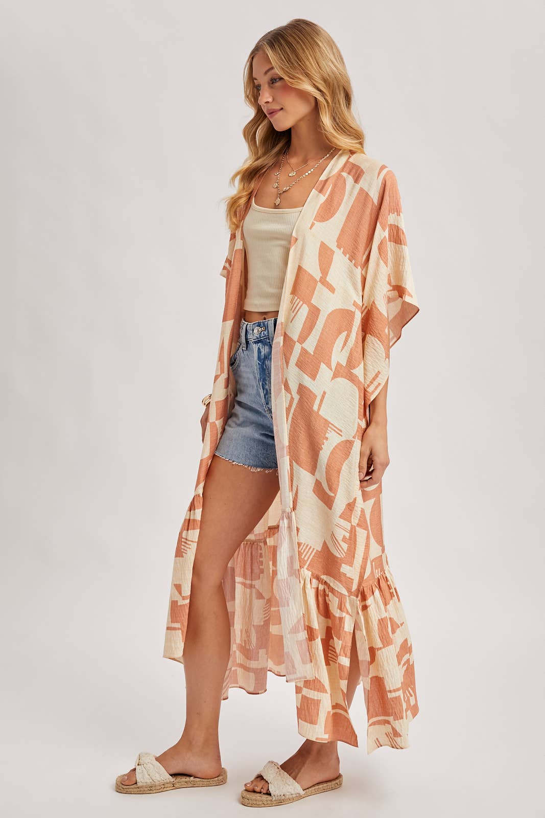 BOHO RUFFLE TIERED OPEN FRONT GEO PRINT MAXI KIMONO