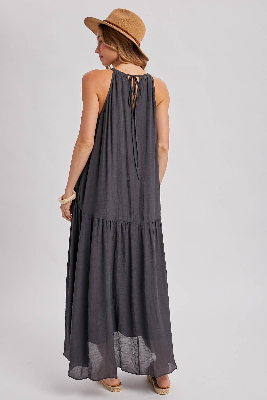 GATHERED HALTER NECK FLOWY MAXI DRESS