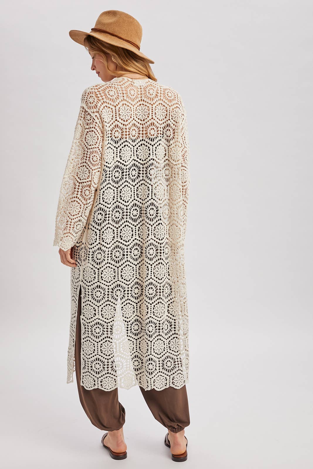 BOHO LONG LINE SIDE SLIT CROCHET CARDIGAN