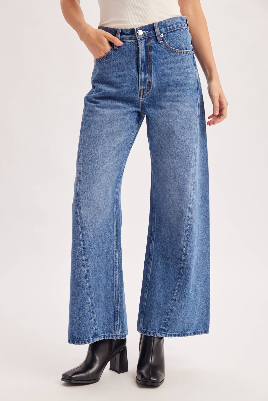 VINTAGE HIGH WAISTED SEAM FRONT WIDE LEG TROUSER DENIM JEANS