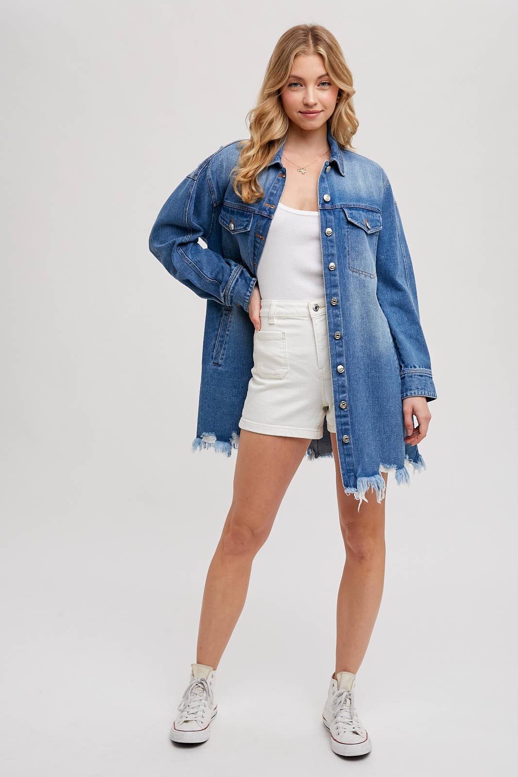 DISTRESSED FRAYED-TRIM DENIM SHIRT JACKET