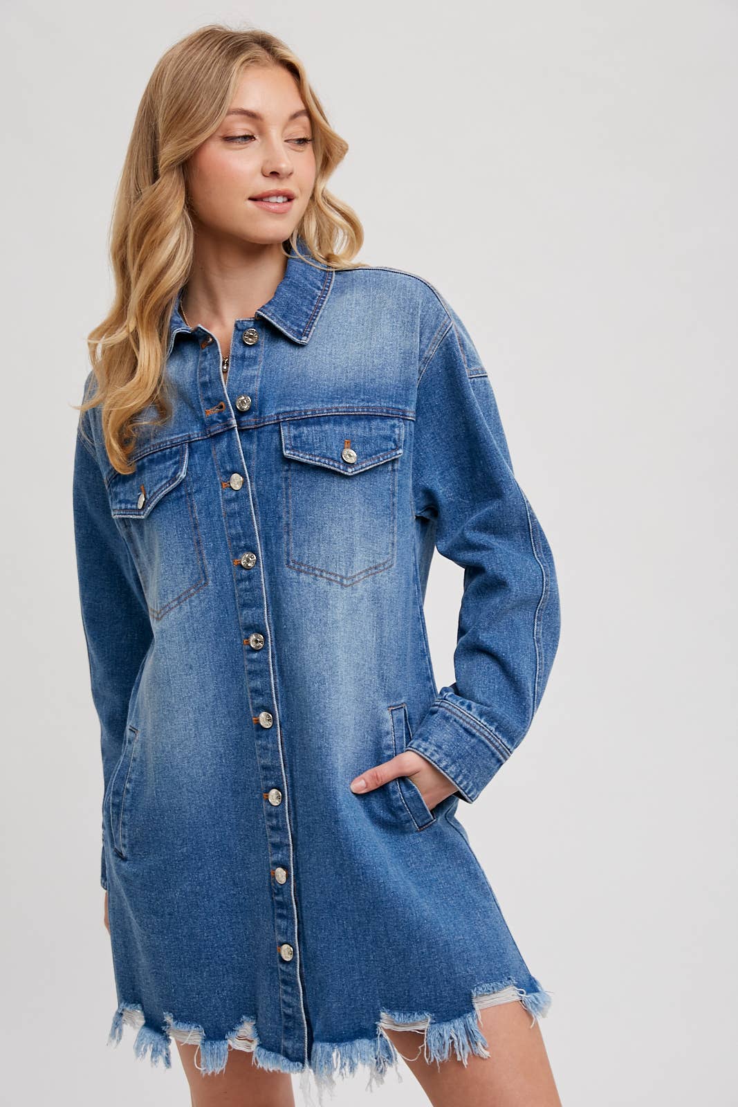 DISTRESSED FRAYED-TRIM DENIM SHIRT JACKET