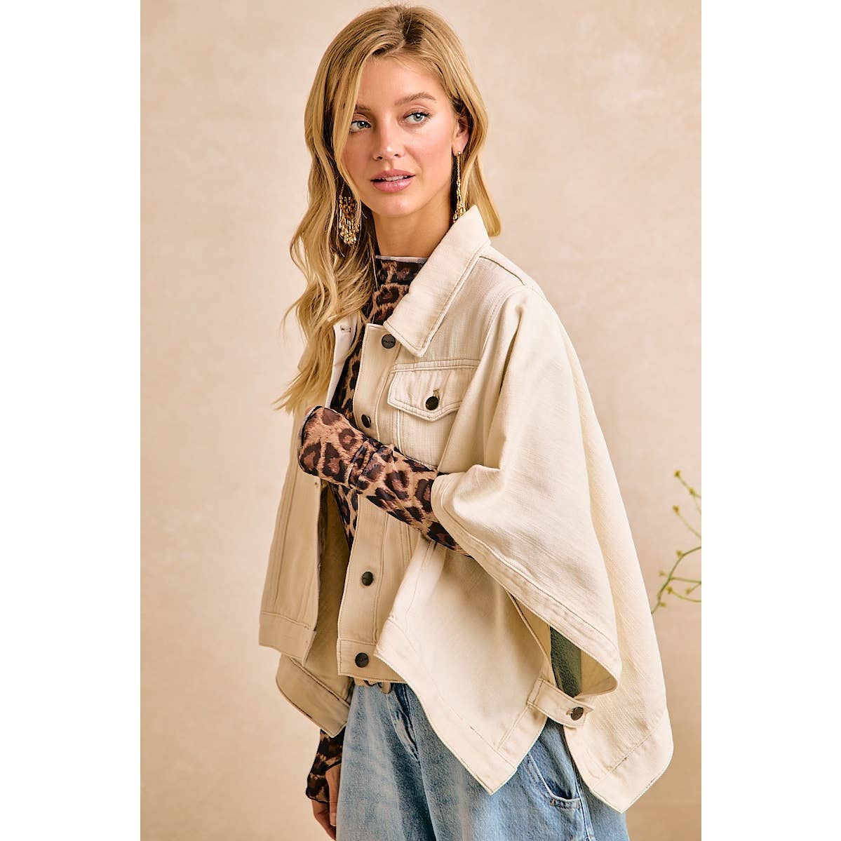 IVORY OVERSIZED CAPE SLEEVE CROPPED DENIM JACKET