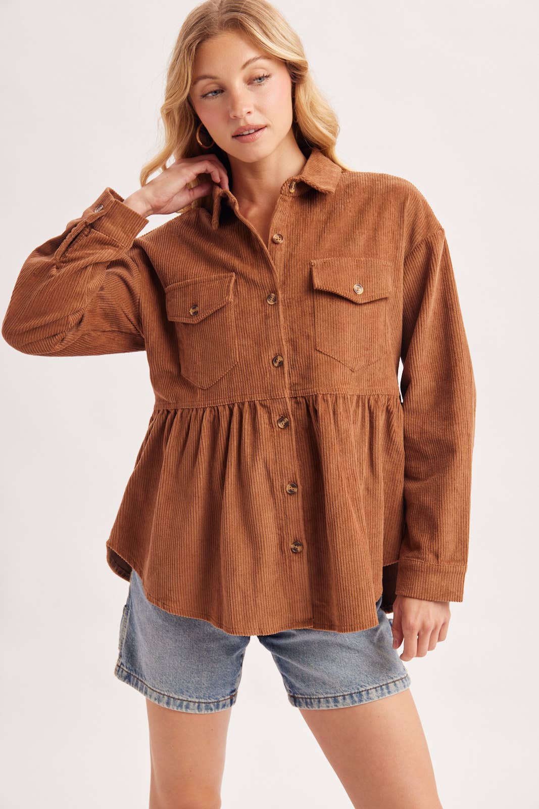 BUTTON DOWN CORDUROY PEPLUM SHACKET