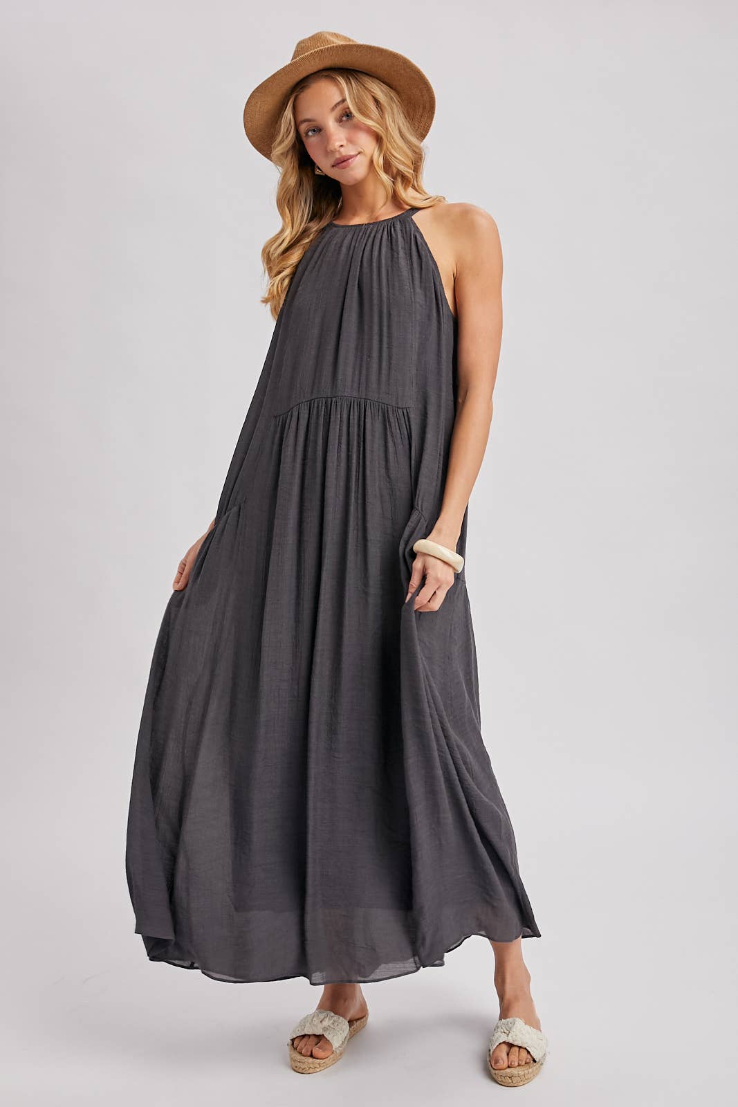 GATHERED HALTER NECK FLOWY MAXI DRESS