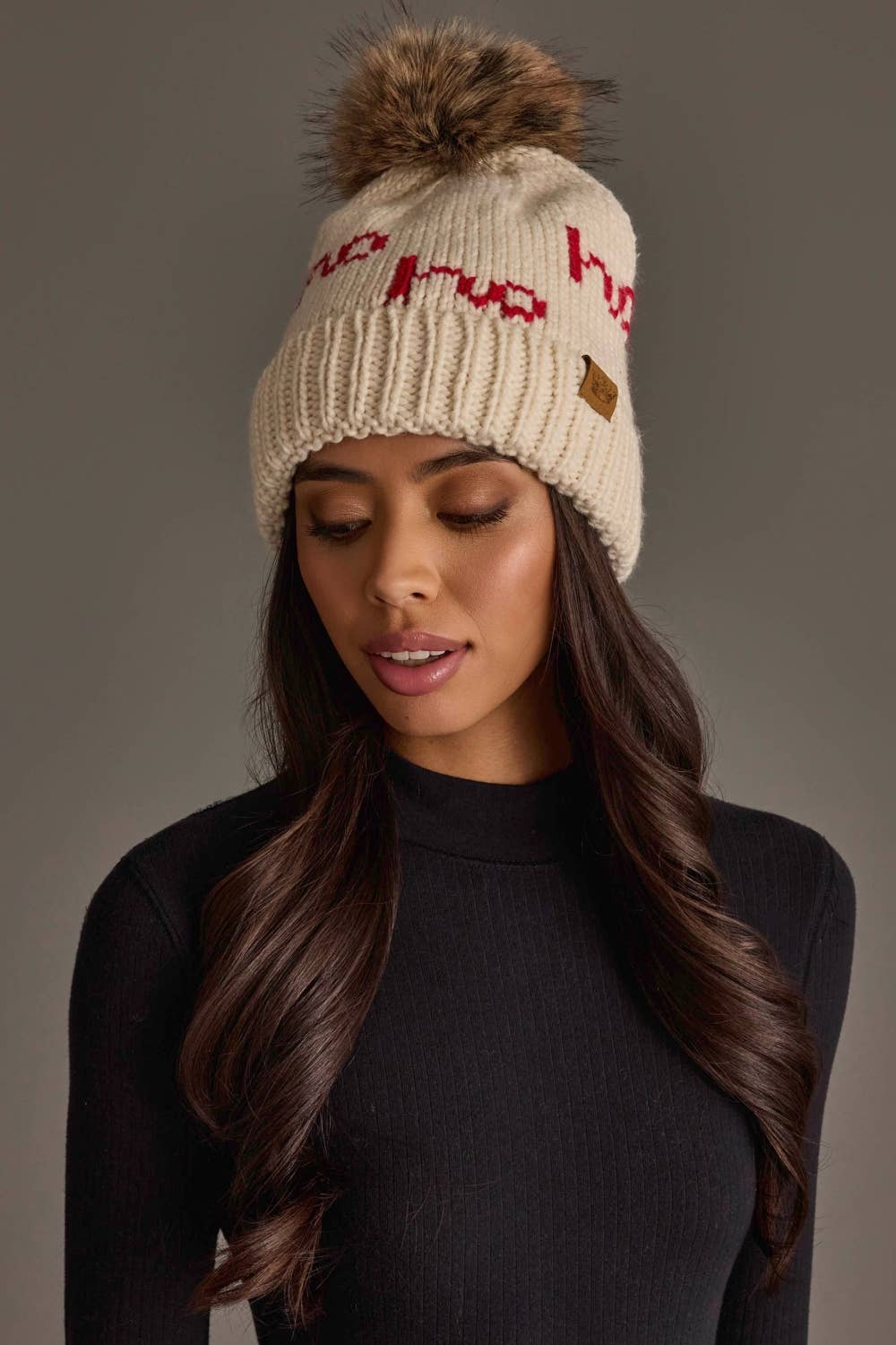 Beige & Red Ho Ho Ho Pom Hat