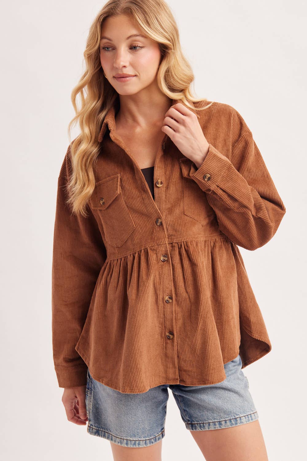 BUTTON DOWN CORDUROY PEPLUM SHACKET