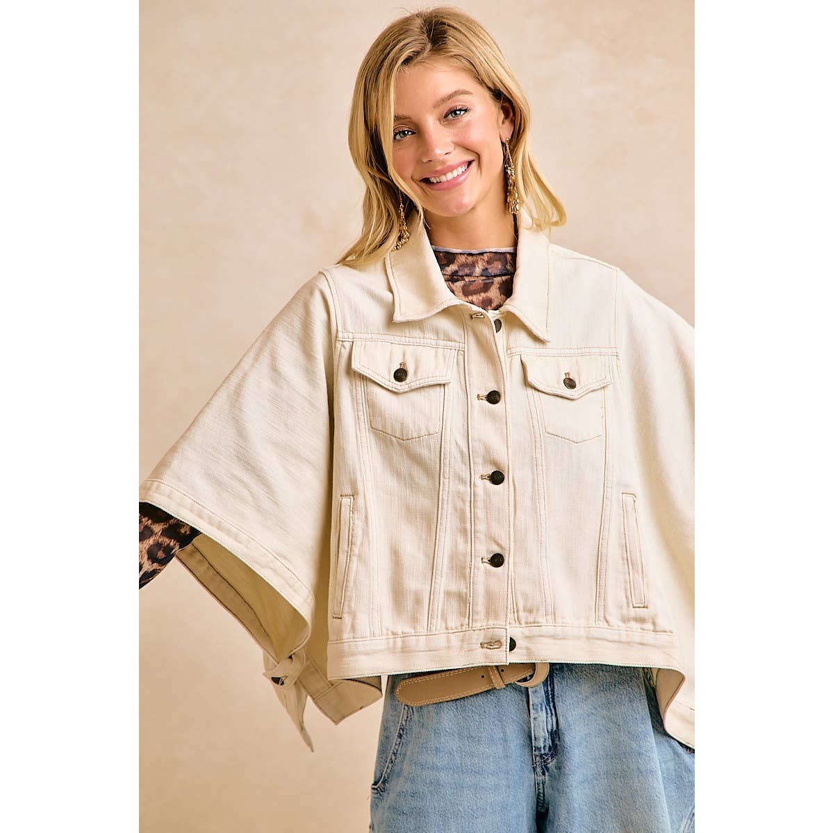 IVORY OVERSIZED CAPE SLEEVE CROPPED DENIM JACKET