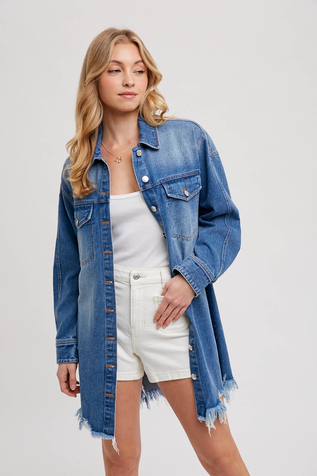 DISTRESSED FRAYED-TRIM DENIM SHIRT JACKET