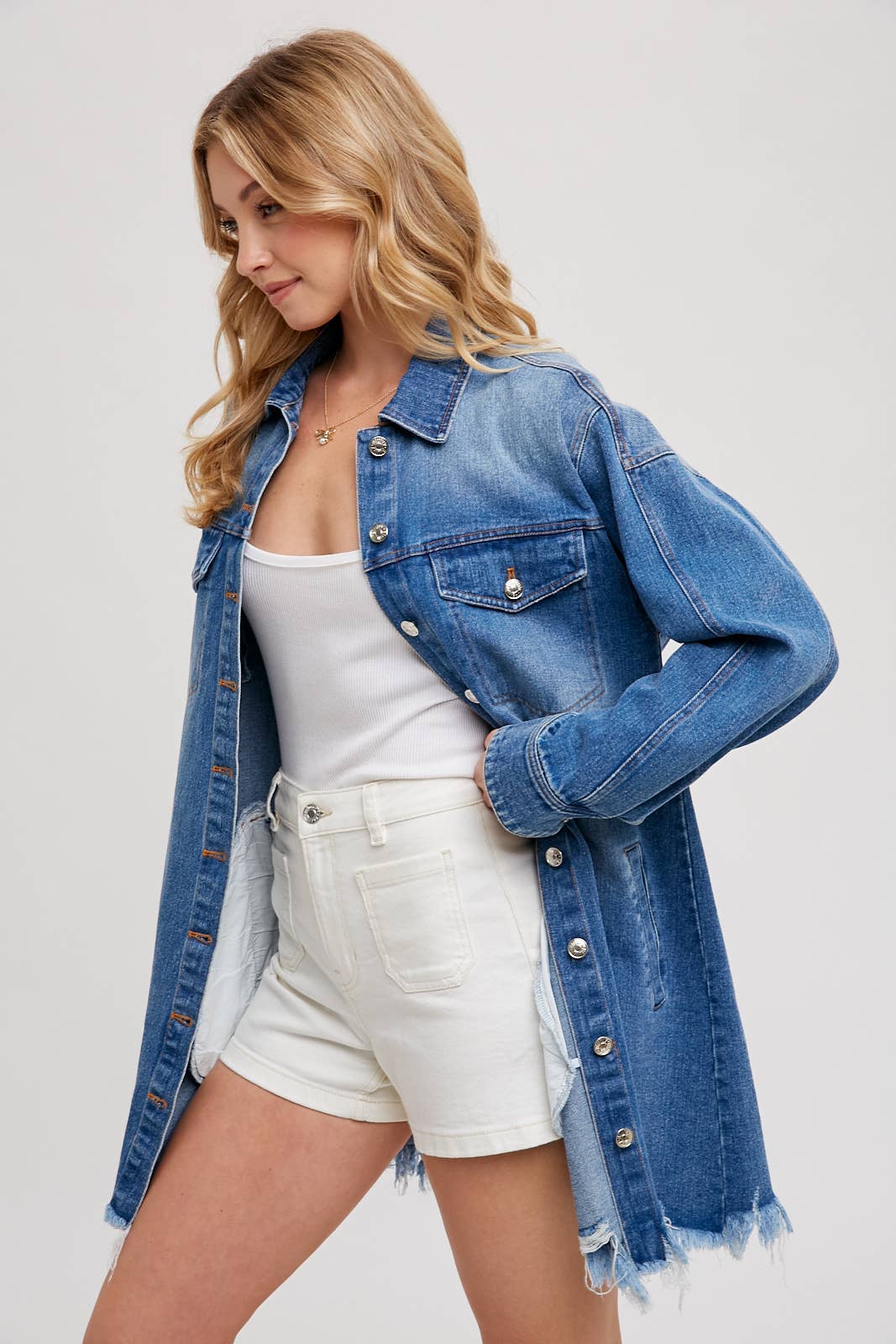 DISTRESSED FRAYED-TRIM DENIM SHIRT JACKET