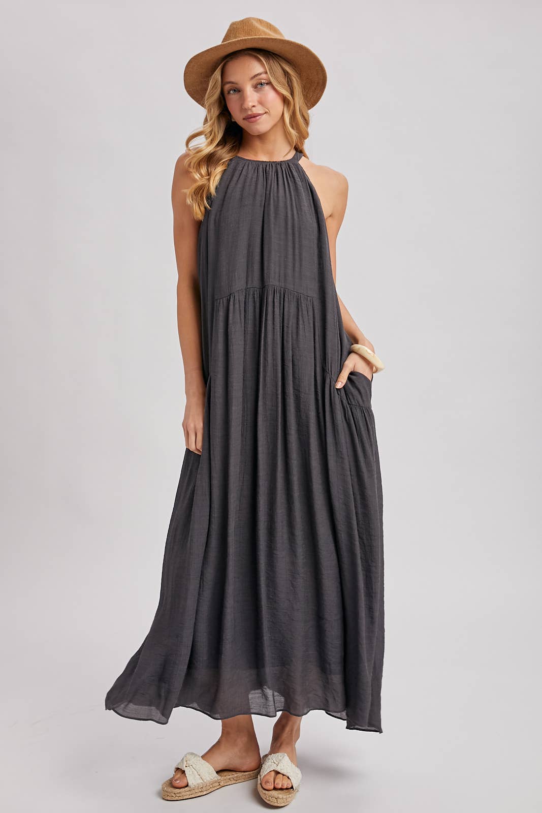 GATHERED HALTER NECK FLOWY MAXI DRESS