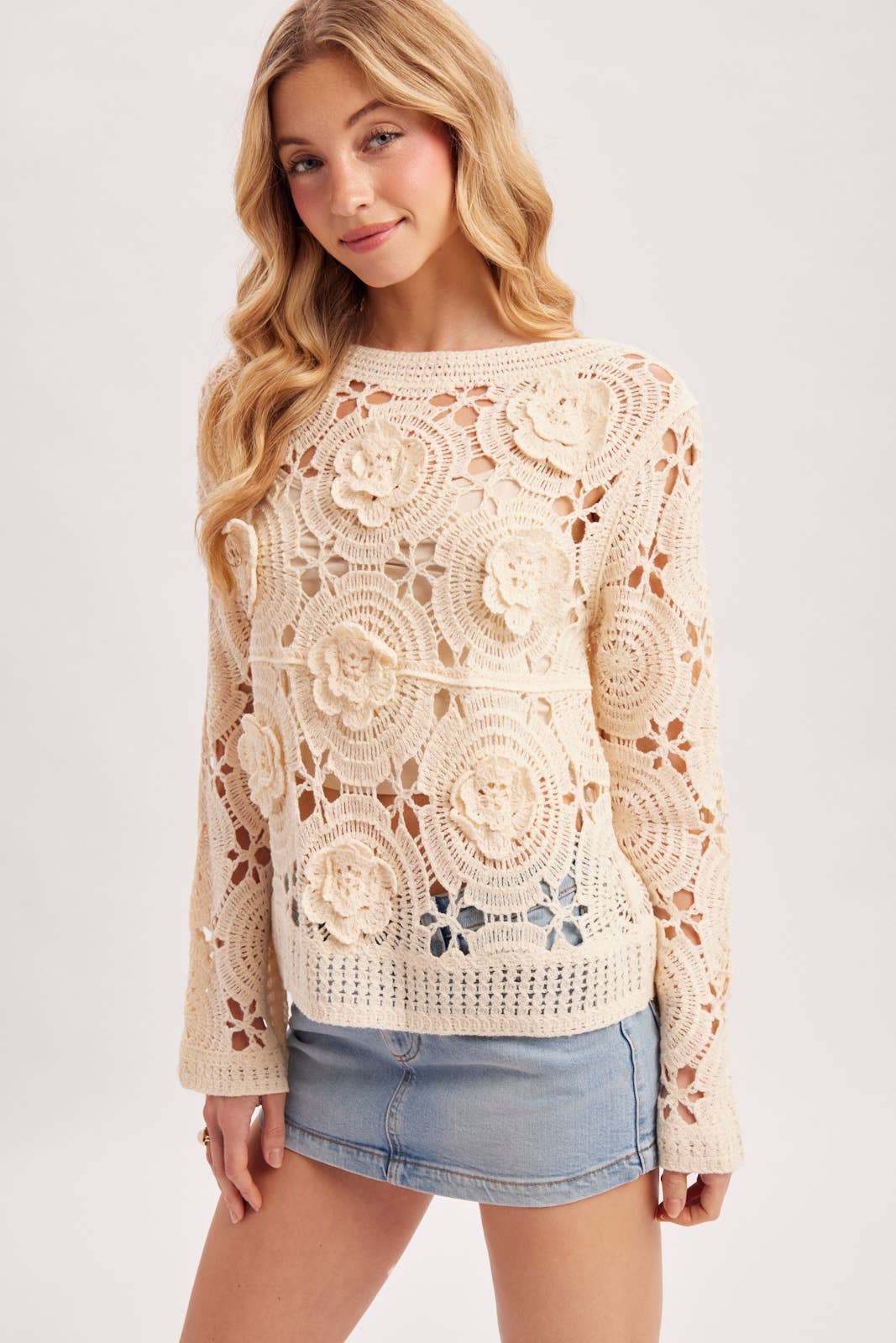 BOAT NECK OPEN-WORK FLORAL CROCHET TOP