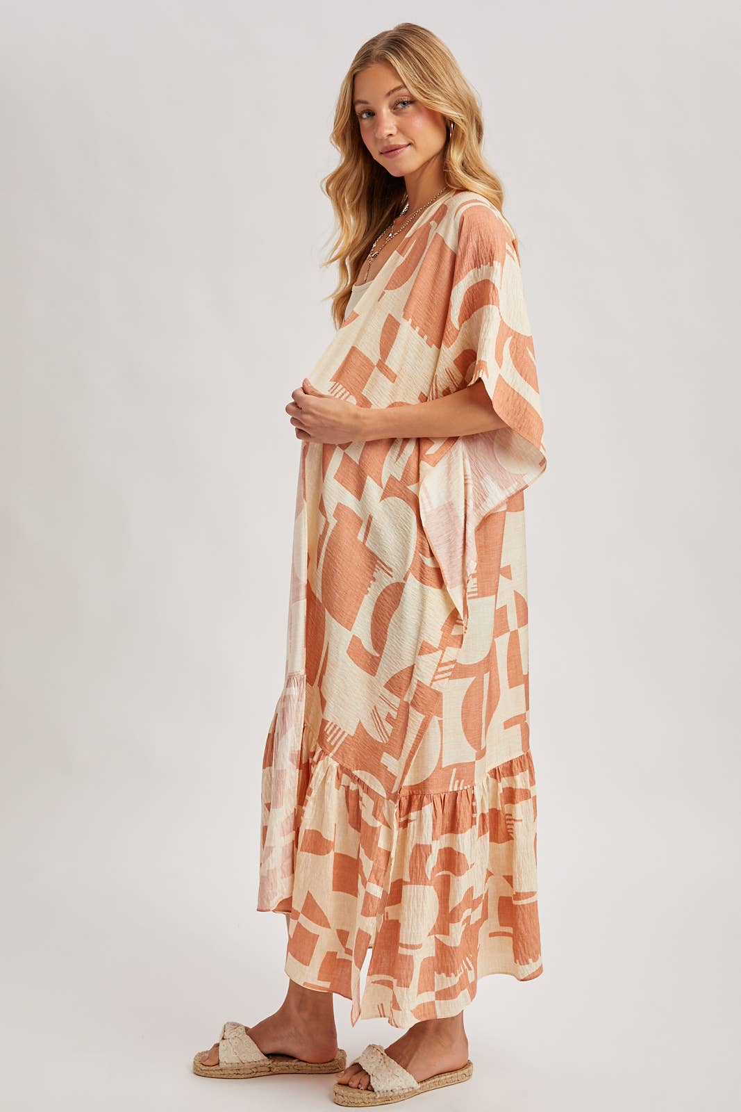 BOHO RUFFLE TIERED OPEN FRONT GEO PRINT MAXI KIMONO