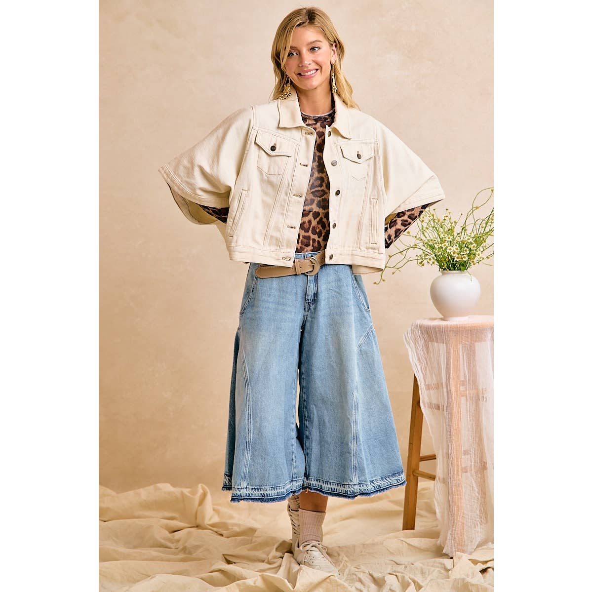 IVORY OVERSIZED CAPE SLEEVE CROPPED DENIM JACKET