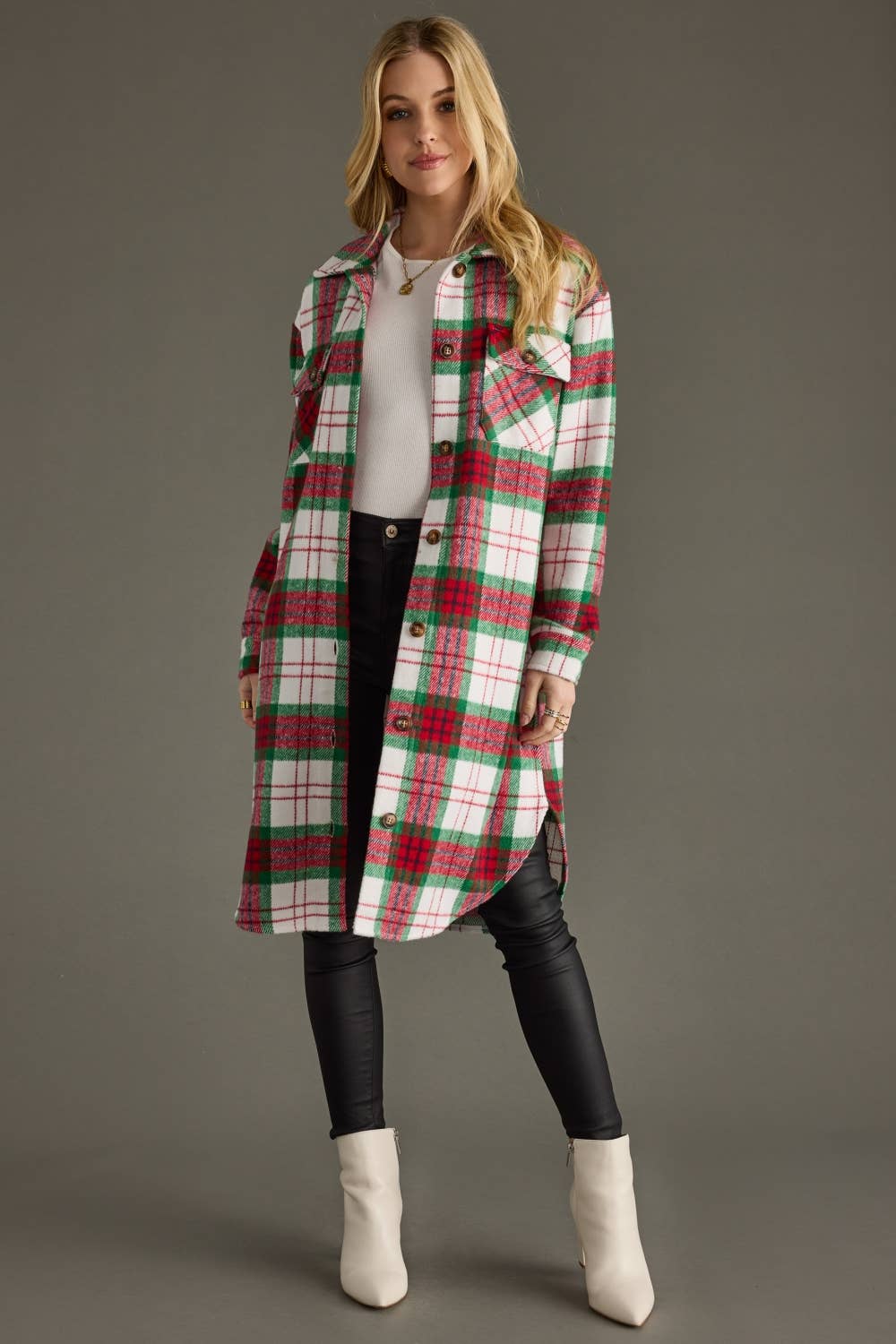 Red, Green & White Plaid Long Shacket