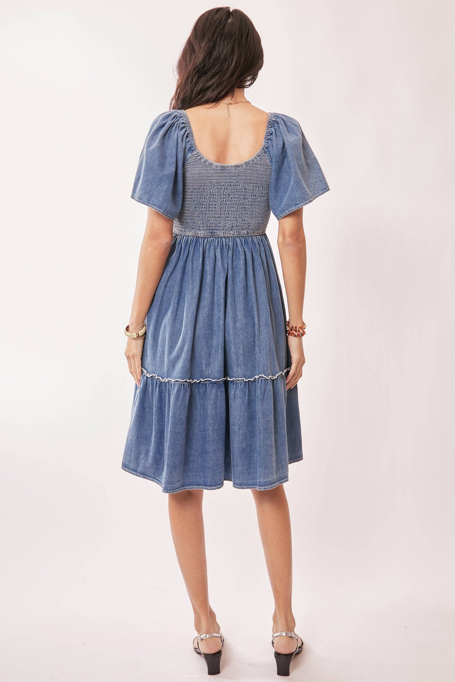 DENIM SHORT SLEEVE ELASTIC RUCHED CHEST DRESS
