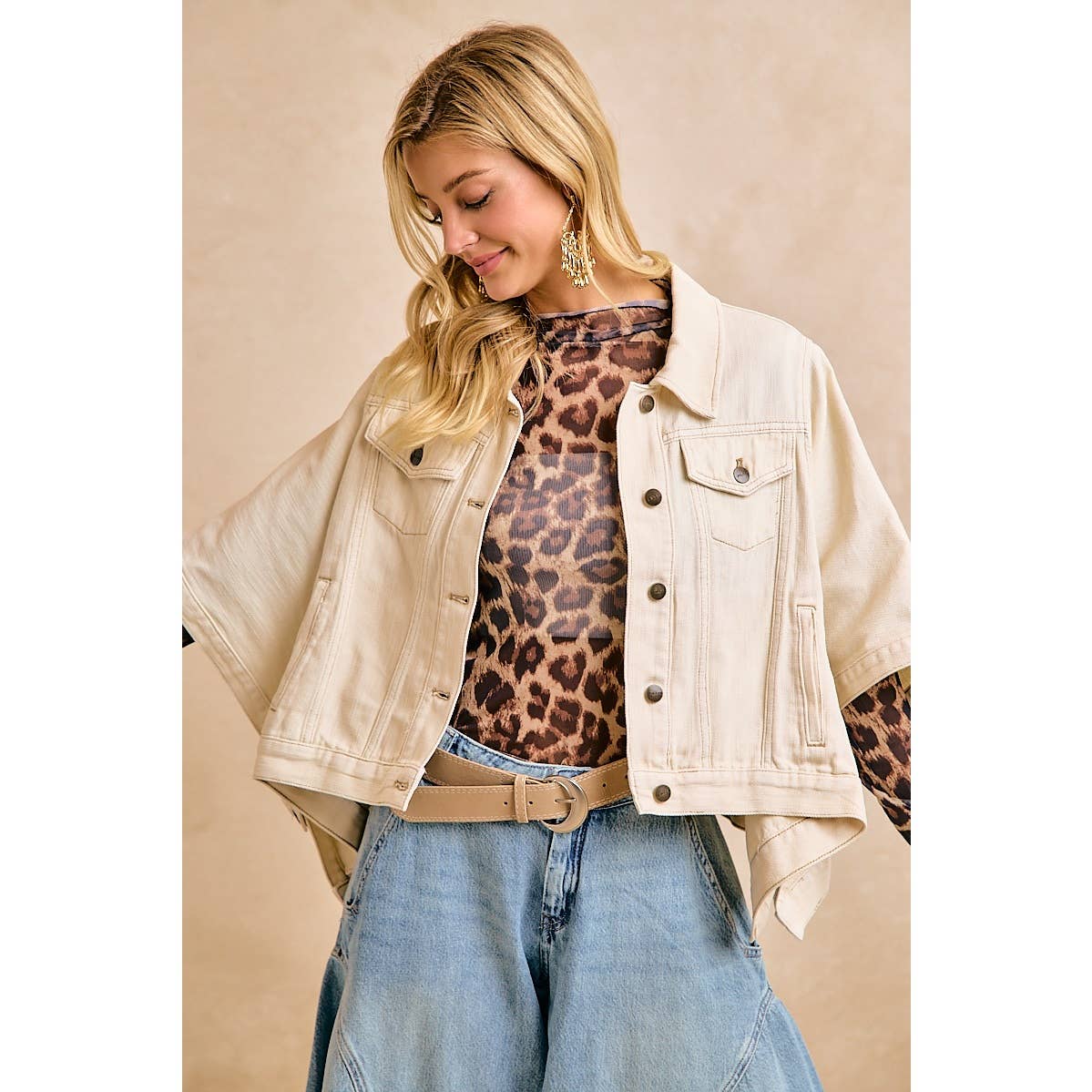 IVORY OVERSIZED CAPE SLEEVE CROPPED DENIM JACKET