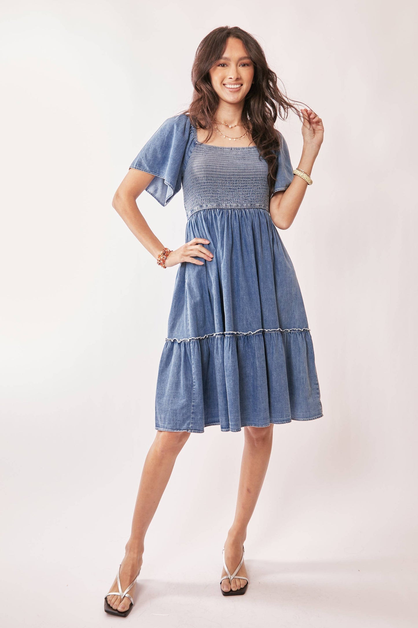 DENIM SHORT SLEEVE ELASTIC RUCHED CHEST DRESS