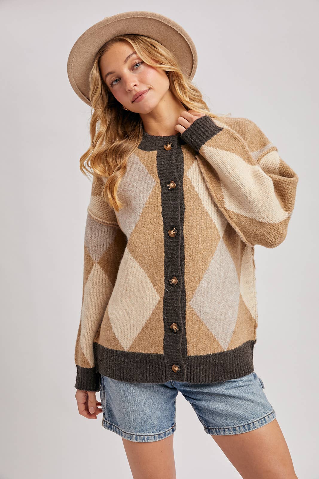 BUTTON DOWN ARGYLE KNIT SWEATER CARDIGAN