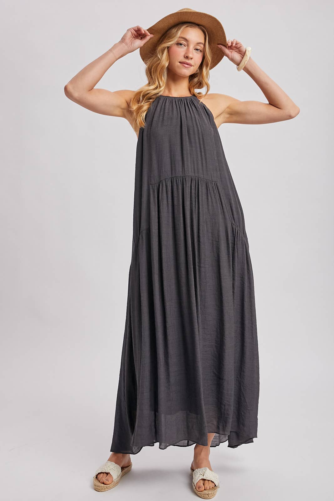 GATHERED HALTER NECK FLOWY MAXI DRESS