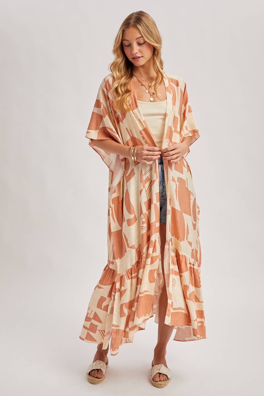 BOHO RUFFLE TIERED OPEN FRONT GEO PRINT MAXI KIMONO