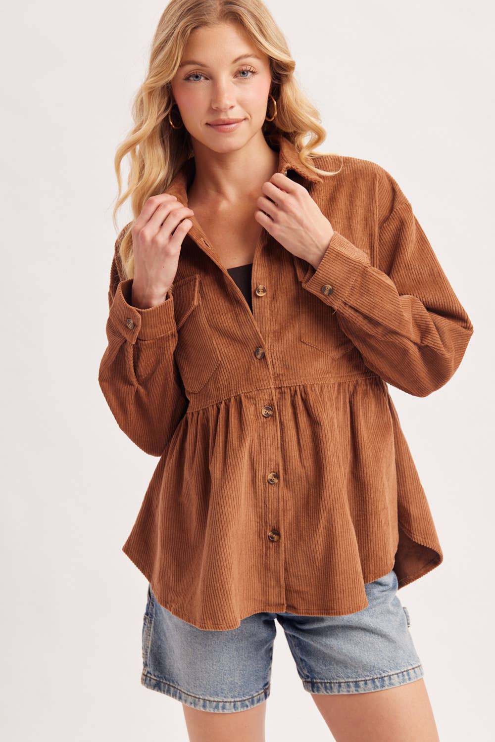 BUTTON DOWN CORDUROY PEPLUM SHACKET