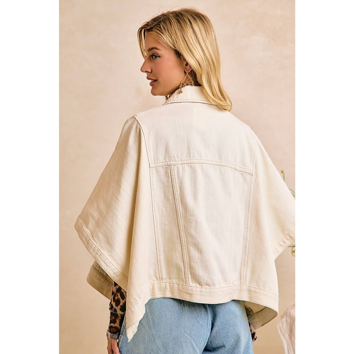 IVORY OVERSIZED CAPE SLEEVE CROPPED DENIM JACKET